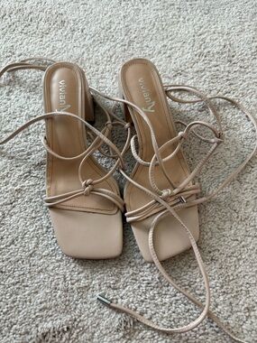 Vivianly Lace-Up Square Toe Strappy Heels in Nude Beige